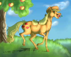 Size: 800x640 | Tagged: safe, artist:hazelthedragoness, applejack, earth pony, pony, apple, realistic, solo, tree