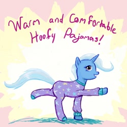 Size: 716x716 | Tagged: safe, artist:caitmoffitt, derpibooru import, trixie, pony, unicorn, clothes, female, footed sleeper, mare, pajamas, solo, trixie-tales