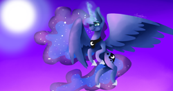 Size: 2556x1347 | Tagged: safe, artist:foxshadow17, princess luna, alicorn, pony, flying, magic, moon, moonrise, solo