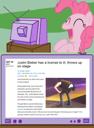 Size: 563x770 | Tagged: safe, pinkie pie, pony, exploitable meme, justin bieber, meme, tv meme, vomit