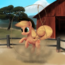 Size: 1500x1500 | Tagged: safe, artist:tres-apples, applejack, earth pony, pony, female, fence, jumping, lasso, solo