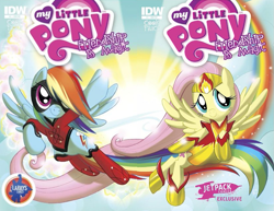 Size: 821x634 | Tagged: safe, artist:amy mebberson, idw, fluttershy, rainbow dash, pegasus, pony, atomic rainboom, comic, cover, idw advertisement, jetpack comics, larry's comics, official comic, superhero