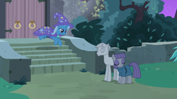 Size: 1920x1080 | Tagged: safe, derpibooru import, screencap, maud pie, mudbriar, trixie, pony, student counsel, cape, clothes, hat, petrification, rockbriar, trixie's cape, trixie's hat