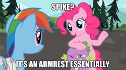 Size: 1280x719 | Tagged: safe, edit, edited screencap, screencap, pinkie pie, rainbow dash, spike, dragon, earth pony, pegasus, pony, may the best pet win, bipedal leaning, caption, hacking pinkie pie!, image macro, trio