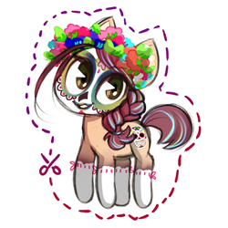 Size: 744x744 | Tagged: safe, artist:kapusha-blr, oc, oc only, earth pony, pony, candy skull, chibi, clothes, floral head wreath, flower, makeup, smiling, solo, stockings, thigh highs