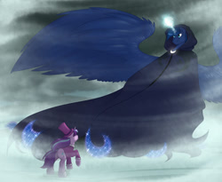 Size: 1023x840 | Tagged: safe, artist:shini951, princess luna, snowfall frost, starlight glimmer, alicorn, pony, a hearth's warming tail, blizzard, cloak, clothes, impossibly large wings, magic, raised hoof, scene interpretation, snow, snowfall, spirit of hearth's warming yet to come, spread wings, wind