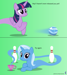 Size: 4096x4608 | Tagged: safe, artist:parclytaxel, derpibooru import, trixie, twilight sparkle, twilight sparkle (alicorn), alicorn, genie pony, pony, unicorn, .svg available, absurd resolution, ain't never had friends like us, ask, ball, bowling, bowling ball, bowling pin, comic, crossed hooves, cup, female, genie, gradient background, inanimate tf, looking at you, mare, morph ball, prone, smiling, spin dash, taunting, teacup, that pony sure does love teacups, transformation, trixieball, tumblr, vector