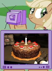 Size: 563x771 | Tagged: safe, applejack, earth pony, pony, cake, companion cube, exploitable meme, liar face, liarjack, meme, portal (valve), scrunchy face, tv meme