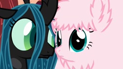 Size: 1280x720 | Tagged: safe, artist:mixermike622, queen chrysalis, oc, oc:fluffle puff, changeling, changeling queen, female, horn