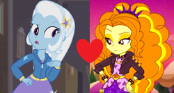 Size: 2056x1100 | Tagged: safe, derpibooru import, edit, edited screencap, screencap, adagio dazzle, trixie, better together, equestria girls, rarity investigates: the case of the bedazzled boot, sunset's backstage pass!, female, heart, lesbian, rarity investigates (eqg): trixie, shipping, shipping domino, triagio