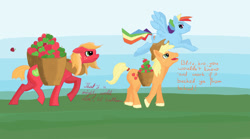 Size: 1800x1000 | Tagged: safe, artist:delisean, applejack, applejack (male), big macintosh, macareina, rainbow blitz, rainbow dash, earth pony, pegasus, pony, apple, rule 63