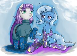 Size: 599x439 | Tagged: safe, artist:suzumaru, artist:wonton soup, derpibooru import, maud pie, trixie, pony, unicorn, collaboration, clothes, female, lesbian, mare, mauxie, shipping, socks