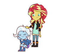 Size: 2592x1944 | Tagged: safe, artist:noahther, derpibooru import, sunset shimmer, trixie, equestria girls, :3, blushing, chibi, cute, diatrixes, eyes closed, female, lesbian, petting, shipping, sitting, smiling, suntrix