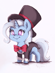 Size: 1079x1439 | Tagged: safe, artist:buttersprinkle, derpibooru exclusive, derpibooru import, trixie, pony, unicorn, bowtie, chibi, colored sketch, cute, diatrixes, female, hat, magician outfit, no pupils, simple background, smiling, solo, tailcoat, top hat, traditional art