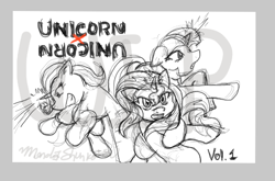 Size: 1196x790 | Tagged: safe, artist:tehmangabrony, derpibooru import, sunset shimmer, trixie, twilight sparkle, pony, anime, magic, manga, monochrome, parody, sketch, wip