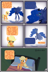 Size: 3254x4837 | Tagged: safe, artist:gutovi, applejack, princess luna, alicorn, earth pony, pony, comic:why me!?, absurd resolution, bed, comic, dream, dreamscape