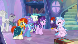 Size: 1920x1080 | Tagged: safe, derpibooru import, screencap, maud pie, mudbriar, silverstream, starlight glimmer, sunburst, terramar, trixie, classical hippogriff, cockatrice, earth pony, hippogriff, pony, unicorn, student counsel, book, cape, clothes, edith (cockatrice), female, hat, male, mare, petrification, stallion, statue, treehouse of harmony, wizard hat