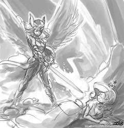 Size: 833x862 | Tagged: safe, artist:johnjoseco, princess cadance, sunset shimmer, human, fantasy class, grayscale, humanized, knight, monochrome, sword, valkyrie, warrior