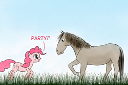 Size: 500x333 | Tagged: safe, artist:el-yeguero, pinkie pie, earth pony, horse, pony, female, horse-pony interaction, male, mare, stallion