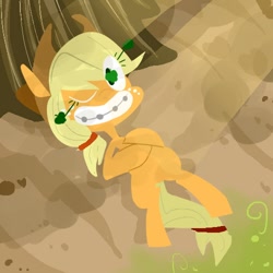 Size: 500x500 | Tagged: safe, artist:krystal's art blog, artist:krystal-the-fox, applejack, earth pony, pony, braces, grin, on back, solo, wink