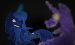 Size: 1200x720 | Tagged: safe, artist:missydakota, princess luna, tantabus, alicorn, pony, frown, gritted teeth, magic