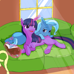 Size: 512x512 | Tagged: safe, artist:bauru, derpibooru import, trixie, twilight sparkle, pony, unicorn, book, female, lesbian, mare, shipping, sofa, twixie