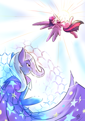 Size: 1500x2121 | Tagged: safe, artist:pilla, derpibooru import, trixie, twilight sparkle, twilight sparkle (alicorn), alicorn, pony, magic duel, action pose, angry, barrier, female, fight, fighting stance, magic, mare, shield, smirk