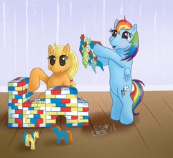 Size: 994x911 | Tagged: safe, artist:alipes, applejack, rainbow dash, earth pony, pegasus, pony, bipedal, filly, lego, younger