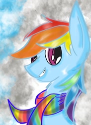 Size: 704x960 | Tagged: safe, rainbow dash, pegasus, pony, blue coat, clothes, female, mare, multicolored mane, scarf