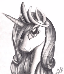 Size: 2530x2926 | Tagged: safe, artist:graboiidz, princess cadance, alicorn, pony, grayscale, monochrome, simple background, smiling, solo, traditional art