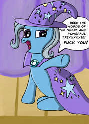 Size: 1122x1564 | Tagged: safe, artist:saburodaimando, derpibooru import, trixie, pony, unicorn, female, fuck you, looking at you, mare, pointing, solo, uncensored, vulgar