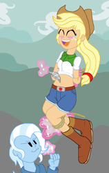 Size: 2856x4528 | Tagged: safe, artist:tagman007, derpibooru import, applejack, trixie, equestria girls, magic duel, :3, arm behind back, belly button, bondage, equestria girls interpretation, feather, female, lesbian, magic, midriff, scene interpretation, shipping, tickle torture, tickling, tied up, tripplejack