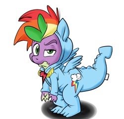 Size: 1034x992 | Tagged: safe, artist:blueray-z, rainbow dash, spike, clothes, cosplay, costume, element of loyalty, elements of harmony, footed sleeper, new rainbow dash, pajamas, solo