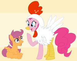 Size: 1200x948 | Tagged: safe, pinkie pie, scootaloo, chicken, earth pony, pony, animal costume, chicken pie, chicken suit, clothes, costume