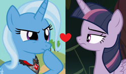 Size: 1876x1100 | Tagged: safe, derpibooru import, edit, edited screencap, screencap, mean twilight sparkle, trixie, alicorn, pony, unicorn, magic duel, the mean 6, alicorn amulet, female, heart, lesbian, mare, mean twixie, shipping, shipping domino, twixie