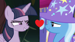 Size: 1280x720 | Tagged: safe, derpibooru import, edit, edited screencap, screencap, mean twilight sparkle, trixie, alicorn, pony, unicorn, no second prances, the mean 6, bedroom eyes, female, heart, lesbian, mare, mean twixie, shipping, shipping domino, twixie