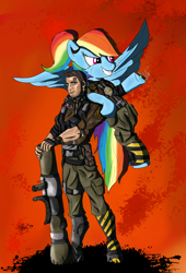 Size: 2038x3000 | Tagged: safe, artist:steptrool, rainbow dash, human, pegasus, pony, axton, borderlands, borderlands 2, clothes, commando (borderlands 2), crossover, female, male, mare