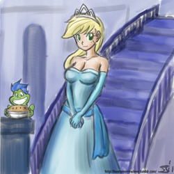 Size: 1280x1280 | Tagged: safe, artist:johnjoseco, artist:michos, applejack, soarin', frog, human, applerack, breasts, cleavage, clothes, colored, colored pupils, cute, disney, disney princess, dress, eyes on the prize, female, grin, humanized, implied soarinjack, jackabetes, looking at you, pie, smiling, solo focus, species swap, stairs, the princess and the frog, tiana