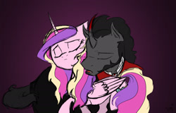 Size: 2211x1417 | Tagged: safe, artist:assassin-or-shadow, king sombra, princess cadance, alicorn, pony, unicorn, eyes closed, messy mane, nuzzling, open mouth, raised hoof, shipping, somdance