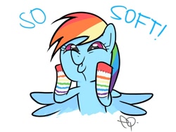 Size: 640x480 | Tagged: safe, artist:yikomega, rainbow dash, pegasus, pony, clothes, dashface, rainbow socks, socks, solo, striped socks