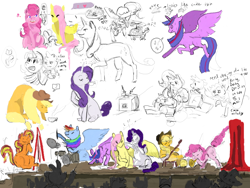 Size: 1280x960 | Tagged: safe, artist:ezkas, artist:generaltea, derpibooru import, applejack, fluttershy, pinkie pie, rainbow dash, rarity, spike, sunset shimmer, trixie, twilight sparkle, twilight sparkle (alicorn), alicorn, dragon, earth pony, pegasus, pony, unicorn, female, mane six, mare, sketch, stage