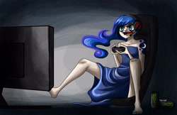 Size: 4661x3024 | Tagged: safe, artist:tao-mell, princess luna, human, energy drink, feet, gamer luna, humanized, monster energy, nail polish, skinny, solo