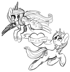 Size: 877x890 | Tagged: safe, artist:hawthornss, princess cadance, shining armor, alicorn, pony, unicorn, heart, monochrome