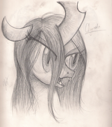 Size: 1314x1500 | Tagged: safe, artist:sakurawolfer, queen chrysalis, changeling, changeling queen, female, grayscale, monochrome, open mouth, signature, solo, traditional art