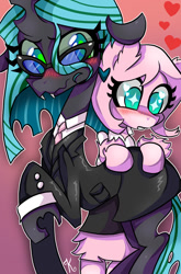 Size: 622x940 | Tagged: safe, artist:kaliptro, queen chrysalis, oc, oc:fluffle puff, changeling, changeling queen, blushing, canon x oc, chrysipuff, clothes, female, glasses, lesbian, raised hoof, shipping, suit