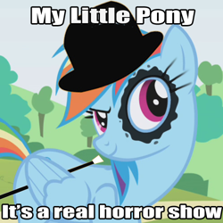 Size: 500x500 | Tagged: safe, rainbow dash, pegasus, pony, a clockwork orange, blue coat, female, image macro, mare, multicolored mane