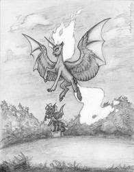 Size: 700x892 | Tagged: safe, artist:adeptus-monitus, nightmare moon, princess luna, alicorn, pony, monochrome, monument, solo, traditional art