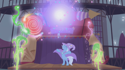 Size: 1024x576 | Tagged: safe, derpibooru import, screencap, trixie, pony, unicorn, bipedal, cape, clothes, eyes closed, female, grin, hat, mare, smiling, solo, trixie's cape, trixie's hat