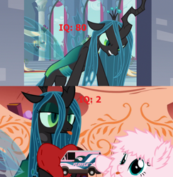 Size: 1274x1304 | Tagged: safe, queen chrysalis, oc, oc:fluffle puff, changeling, changeling queen, comparison, insult