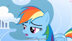 Size: 1344x756 | Tagged: safe, screencap, rainbow dash, pegasus, pony, sonic rainboom (episode), ei, hub logo, implied bisexual, youtube caption